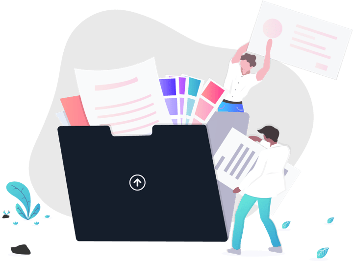 two men filling a folder with huge files and images